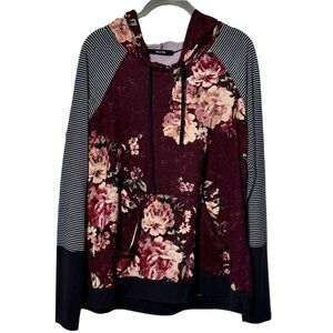 Ten 6 Ten Mixed Media Floral Burgundy Striped Lightweight Hoodie Sz Large